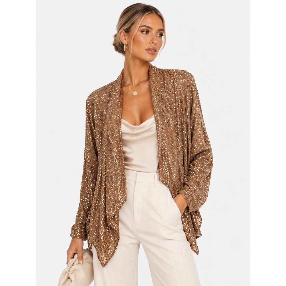 Gold Hawk Womens Sequin Draped Open Front Cardigan Bolero Bronze Tan S